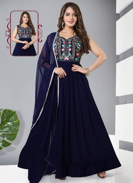 N F GOWN 21 Festive Wear Rayon Printed Long Gown With Dupatta collection N F G 715 BLUE